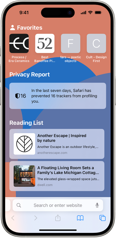Safari avaleht, millel kuvatakse lemmikveebisaite, Privacy Report-aruannet ning Reading Listi salvestatud veebisaite.