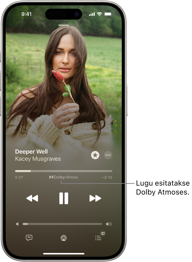Now Playing kuvas on esitatava loo juures ikoon Dolby Atmos.