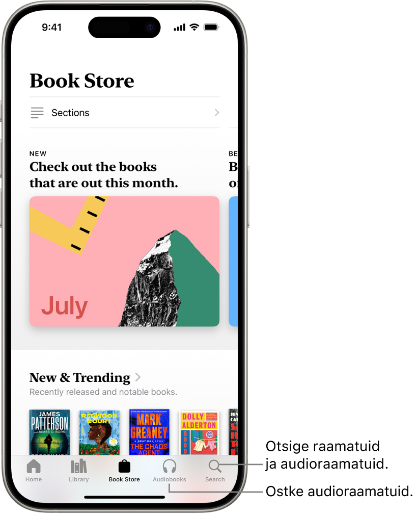 Rakenduse Books kuva Book Store. Ekraani allosas on (vasakult paremale) vahekaardid Home, Library, Book Store, Audiobooks ja Search. Valitud on vahekaart Book Store.