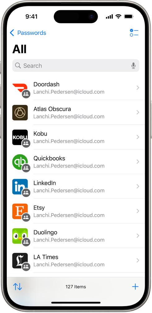 Rakenduses Passwords on avatud rakenduste loend.
