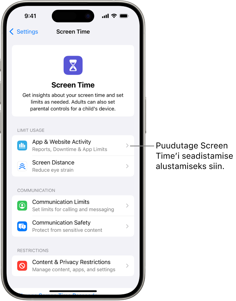 Screen Time’i seadistamise kuva, kus näidatakse alustamiseks nupu App & Website Activity puudutamist.