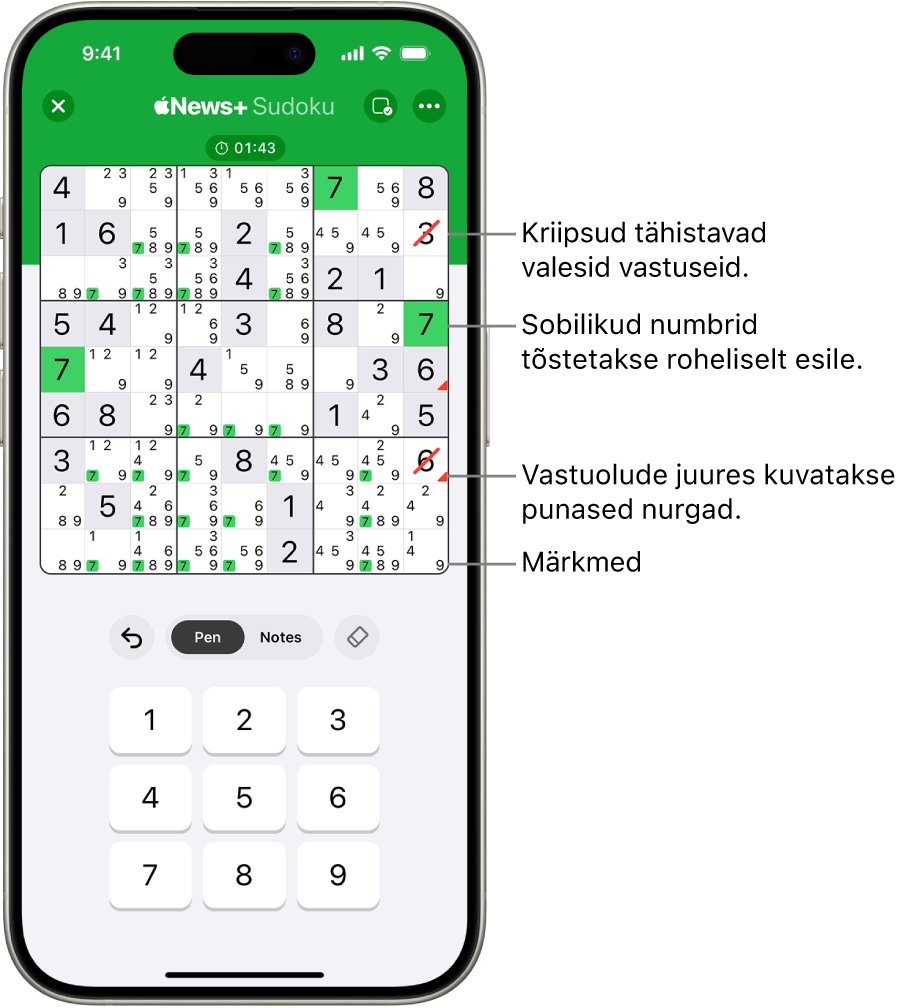 Sudoku mõistatus, kus on sisselülitatud mitu funktsiooni: Notes, Highlight Matching Numbers, Show Conflicts ja Autocheck.