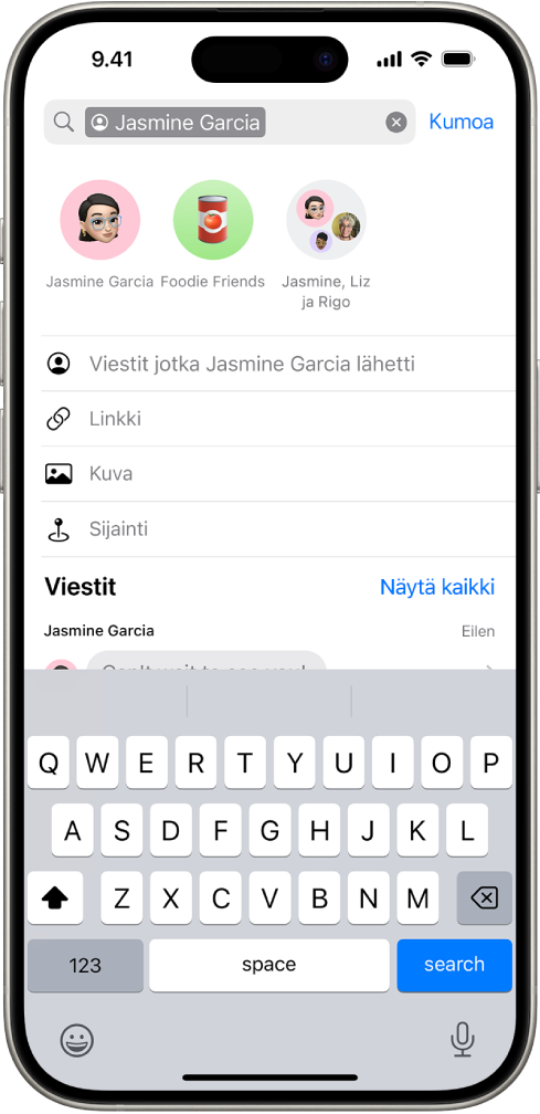 Hakukenttä Viestit-apissa. Hakukentässä on tunniste, joka rajaa haun yhden henkilön lähettämiin viesteihin. Muut tunnisteet, joita hakukenttään voi lisätä – Linkki, Kuva, Sijainti ja Dokumentti – näkyvät valinnaisina.
