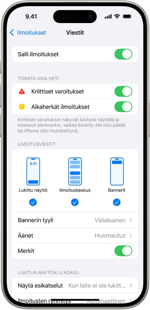 iPhone ja Viestit-apin asetukset ilmoituksille ja hälytyksille.