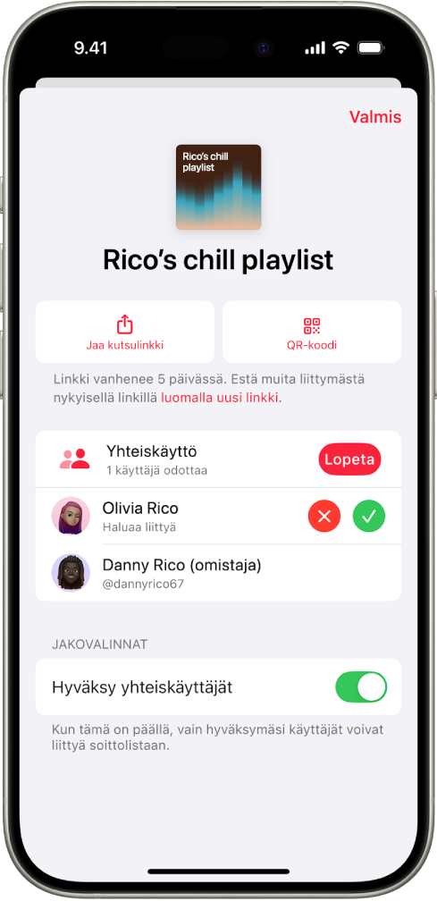Musiikki-apin Hallitse yhteiskäyttöä ‑näyttö.