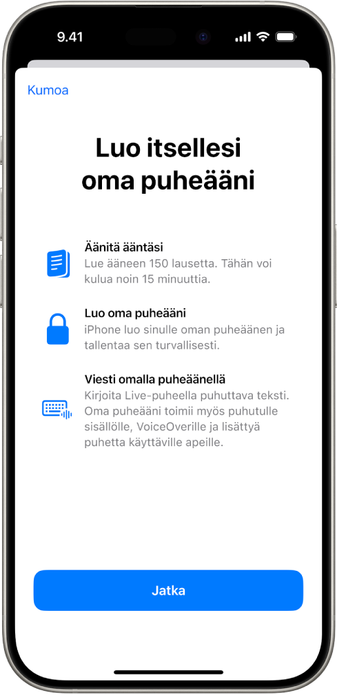 iPhone, jossa on tietoa oman puheäänen luomisesta.