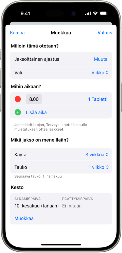 Terveys-apin Lääkkeet-näyttö, jossa näkyy lääkitysaikataulun muokkaamisvaihtoehdot.