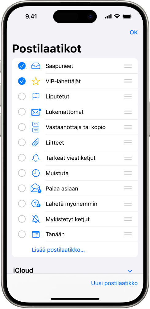 Sähköpostilaatikoiden muokkausnäyttö. Valinnaiset postilaatikot on lueteltu ylhäältä alas, ja jokaisen vaihtoehdon vasemmalla puolella on valintaruutu. Näytön oikeassa alakulmassa on painike, jossa lukee Uusi postilaatikko.