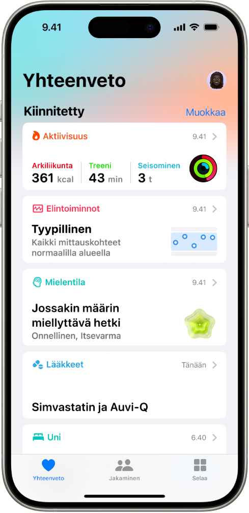 Terveys-apin Yhteenveto-näyttö. Tietoa aktiivisuudesta, elintoiminnoista, mielentilasta ja lääkkeistä näytetään kohdassa Kiinnitetyt.
