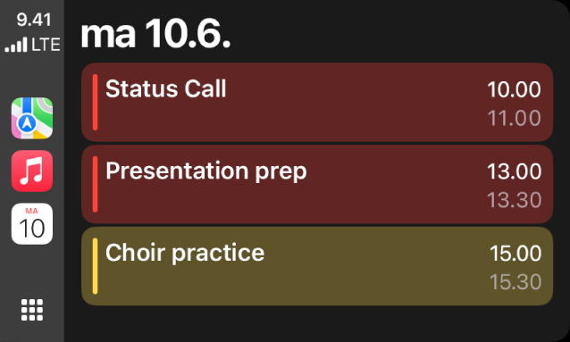 CarPlay, jonka sivupalkissa näkyy Kartat, Musiikki ja Kalenteri. Oikealla ovat maanantain 5.6. tapahtumat portfolion työstämiseen, johtajuustaitojen työpajaan, esitelmän valmisteluun ja kuoroharjoituksiin.