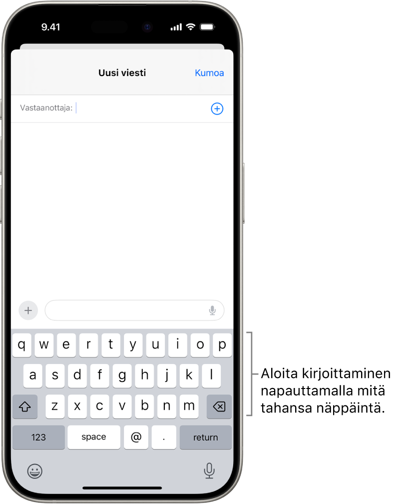 Mail-apissa on auki tyhjä sähköpostiviesti. Näytöllä näkyvä näppäimistö on näytön alareunassa.
