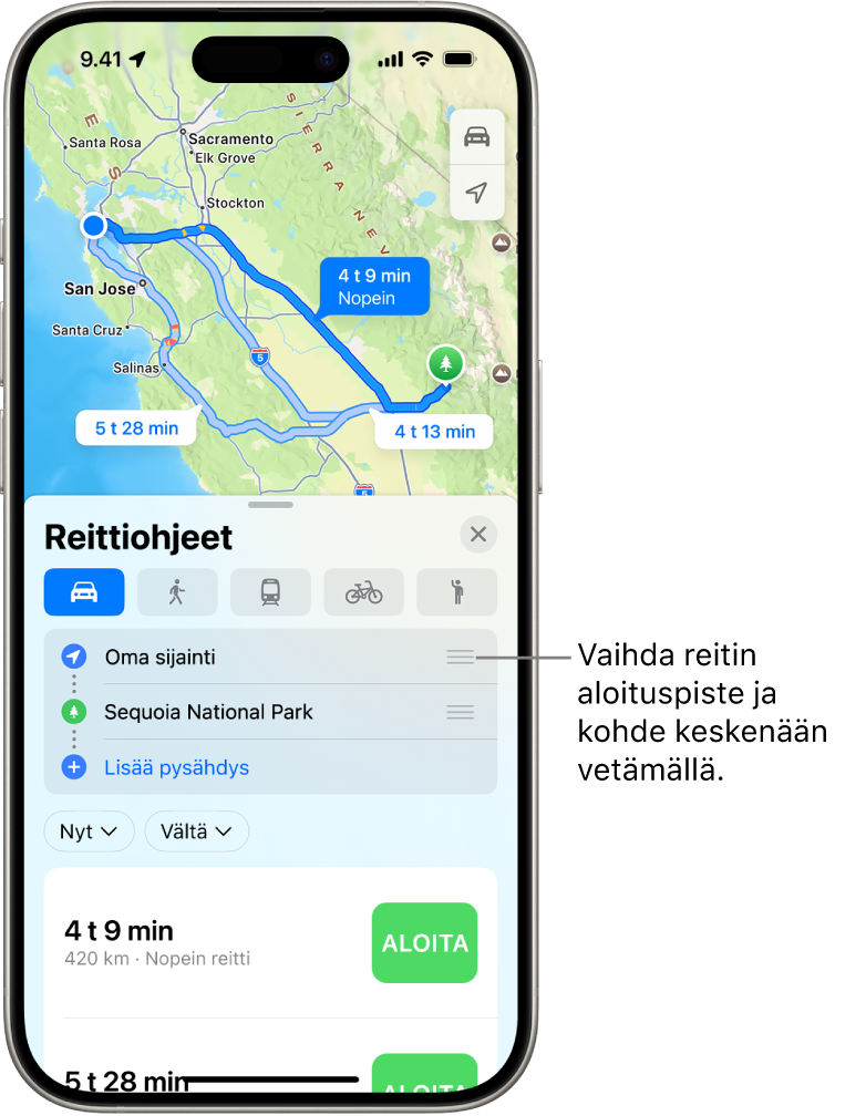 Kartta useilla eri reittivaihtoehdoilla Oman sijainnin ja kohdesijainnin välillä.