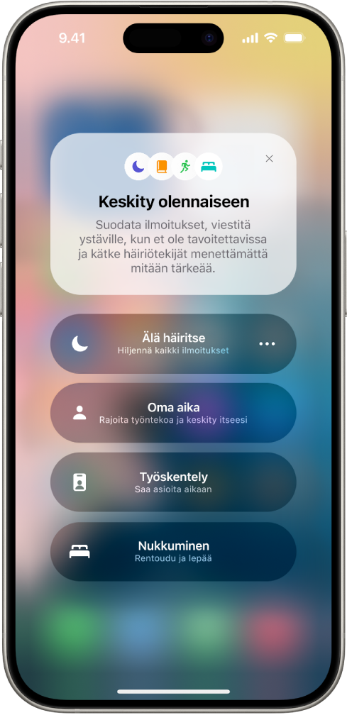 Ohjauskeskus, jossa näkyvät Keskity-tilan asetukset ja painike, josta Keskity-tilan vaihtoehtojen keston voi asettaa.