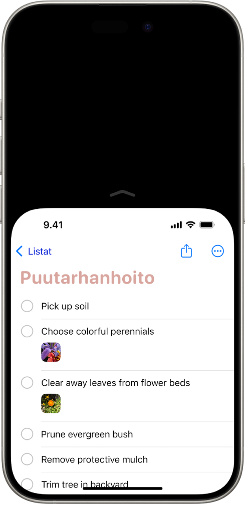 iPhone-näyttö, jossa on käytössä Tuo ulottuville. Näytön yläreuna on siirtynyt alas, jolloin se on helposti peukalosi ulottuvilla.