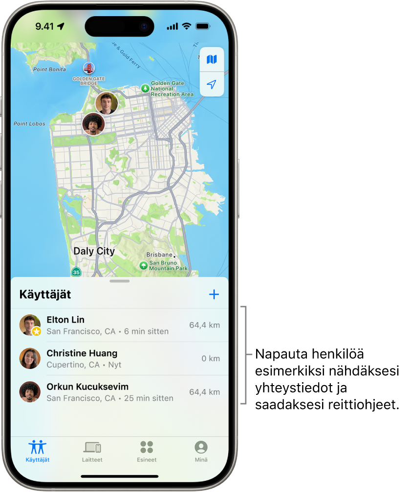 Etsiapin näytöllä on auki Käyttäjät-luettelo. Käyttäjät-luettelossa on neljä henkilöä: Olivia Rico, Dawn Ramirez, Ashley Rico ja Will Rico. Jaa oma sijaintisi napauttamalla Käyttäjät-luettelon yläosan lisäyspainiketta.