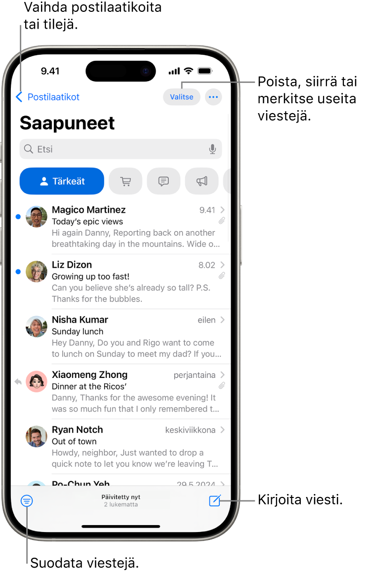 Mailin Saapuneet-näkymä, jossa näkyy sähköpostien luettelo.