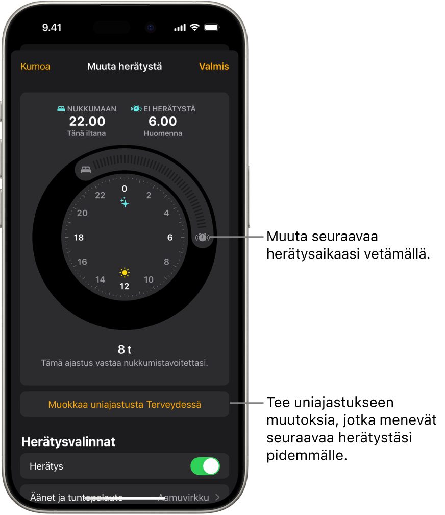 Näyttö uniajastuksen seuraavan herätyksen muuttamista varten. Soiva hälytys -painikkeen paikka asettaa herätysajan.