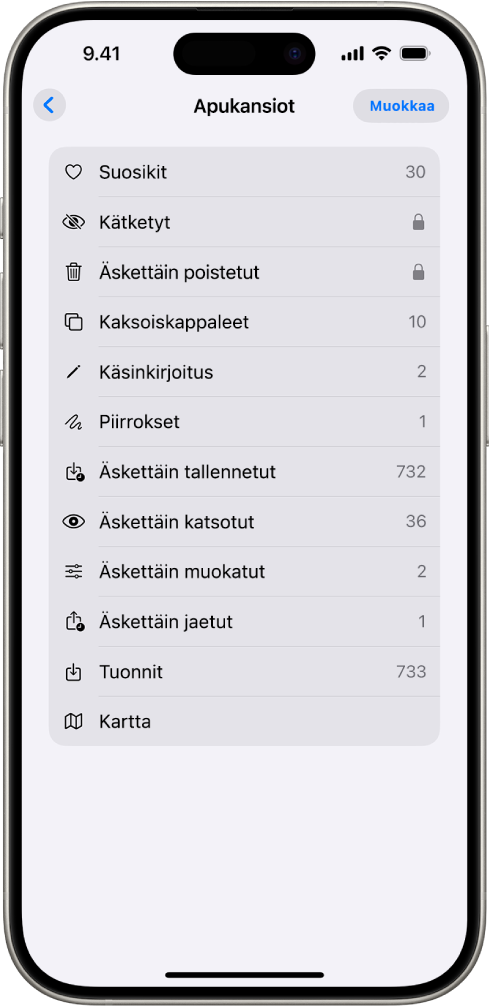 Kuvat-apin Apukansiot-kokoelma on avoinna ja siinä näkyy kuvakokoelmien luettelo.