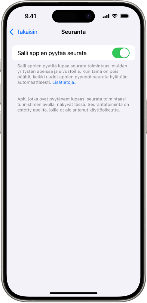 Seuranta-näyttö, jossa on asetus sen hallitsemelle, voivatko apit pyytää lupaa seurata sinua eri verkkosivustoilla tai muiden yritysten omistamissa apeissa.