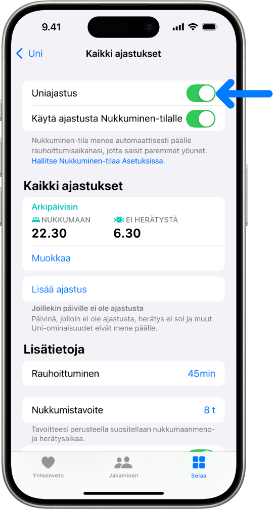Terveys-apin kaikkien ajastusten uninäyttö, jossa Uniajastus on laitettu päälle yläreunassa.