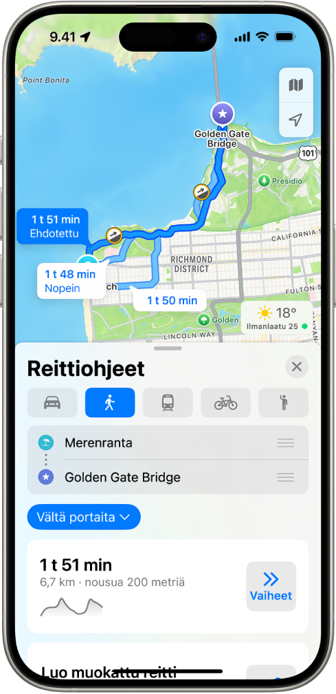 Kartta, jossa näkyy kävelyreitti. Alhaalla oleva reittikortti näyttää reitin tiedot, kuten arvioidun matka-ajan ja korkeuserojen muutokset. Tietojen oikealla puolella on Aloita-painike.