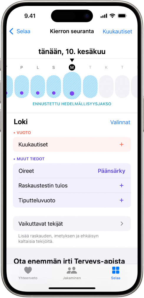 Kierron seuranta -näyttö, jonka yläosan lähellä olevassa aikajanassa näkyy arvioitu hedelmällisyysjakso. Aikajanan alla ovat valinnat, joilla voidaan lisätä tietoja muun muassa kuukautisista ja oireista.