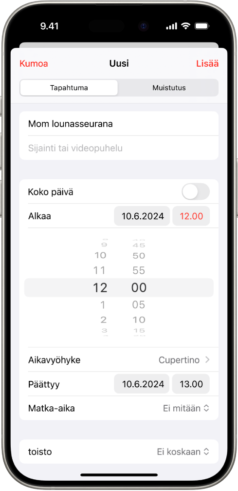 Kalenteritapahtuma, jossa näytetään tapahtuman aika- ja aikavyöhykeasetukset.