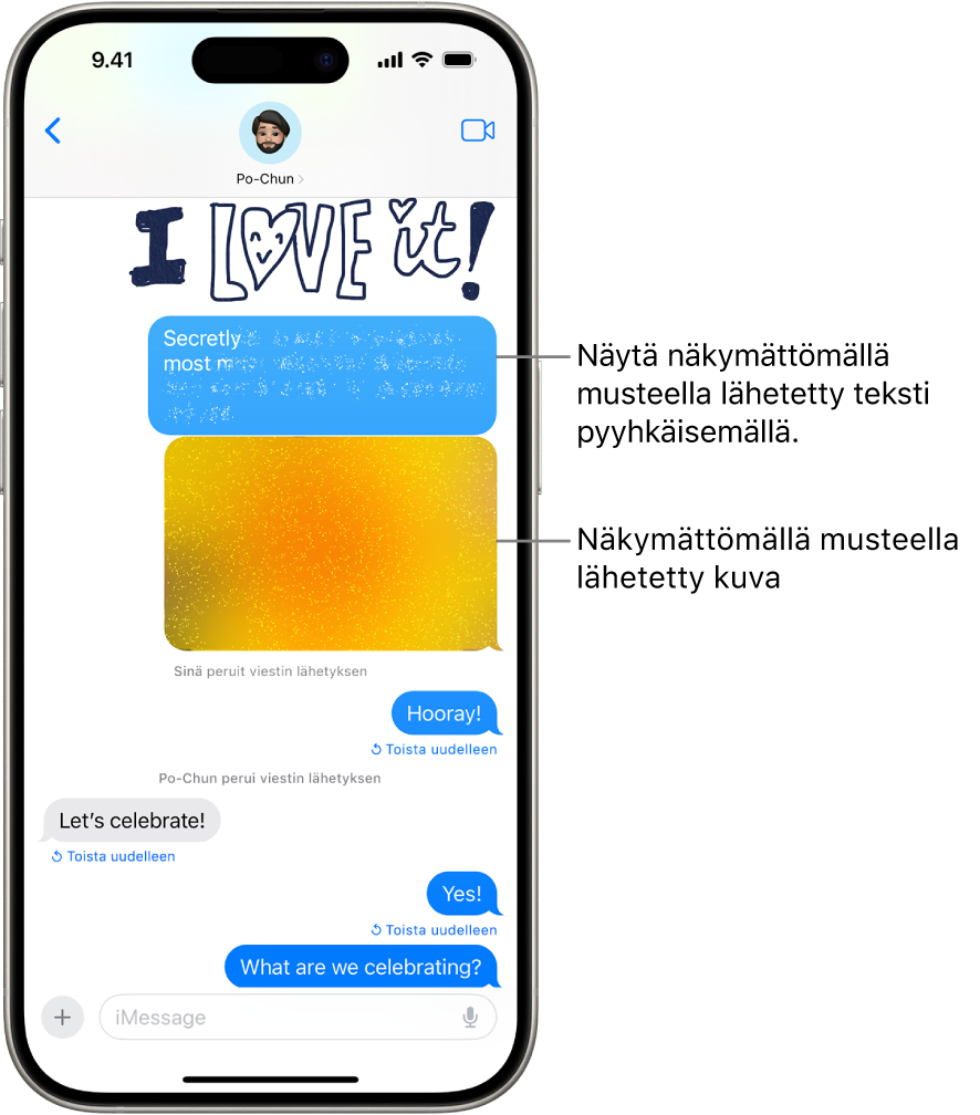 Viestin esikatselu, jossa on näkymätön mustetehoste.