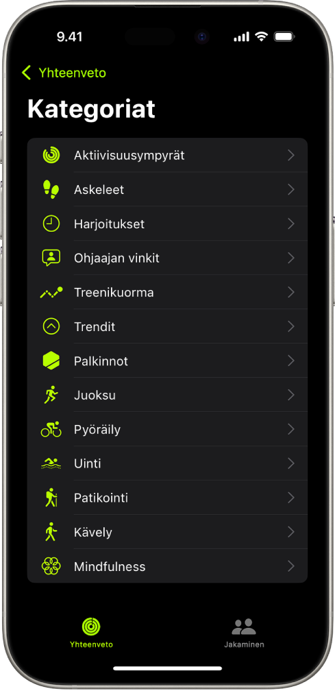 Kuntoilu-apin näyttö, jossa näkyy luettelo kuntoilukategorioista.