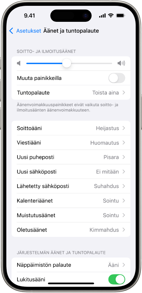 Äänet ja tuntopalaute -näyttö Asetuksissa. Näytöllä näkyvät valinnat ylhäältä alas ovat Kuulokkeiden ääni ja Kuulokkeiden turvallisuus, Soitto- ja ilmoitusäänet sekä liukusäädin äänenvoimakkuuden säätöön ja Muuta painikkeilla -asetus, ja Äänet ja värinäkuviot, joihin sisältyvät Soittoääni ja Viestiääni.