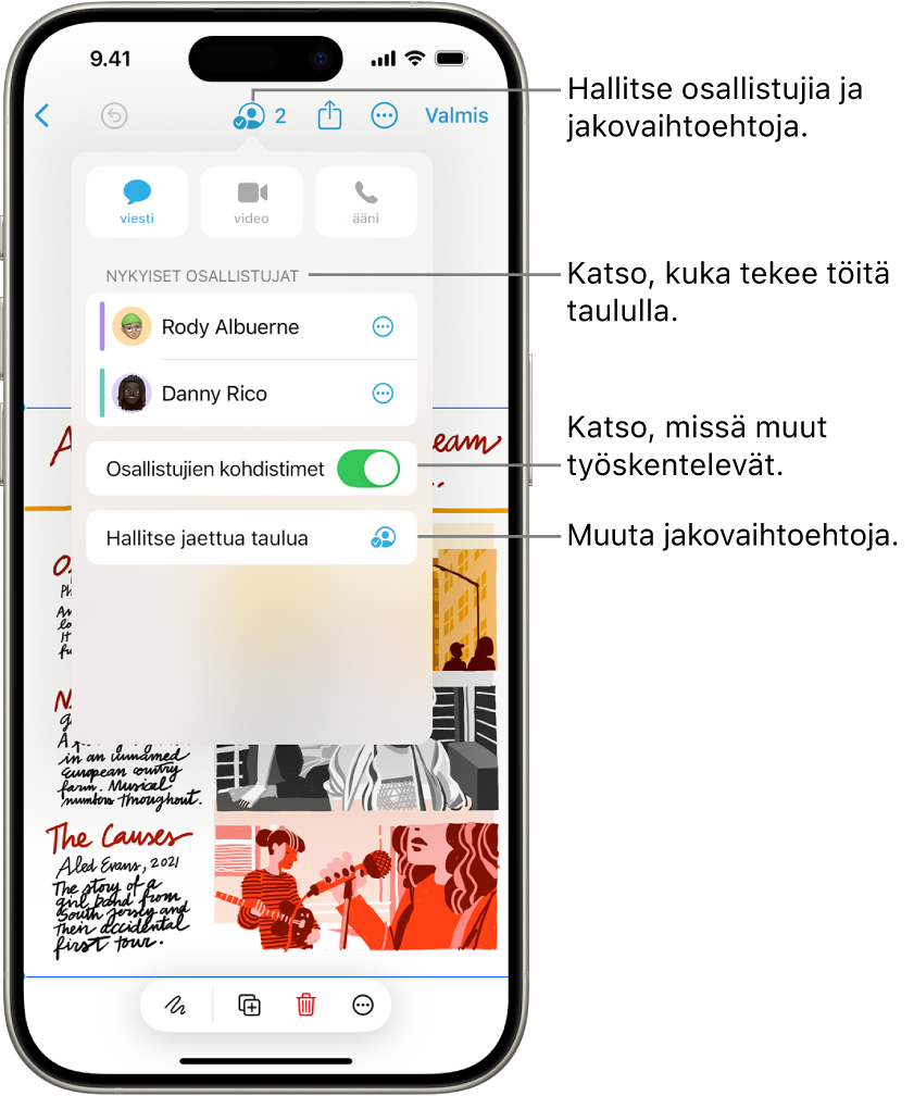 Jaettu Freeform-taulu iPhonessa, yhteistyövalikko on avattuna.