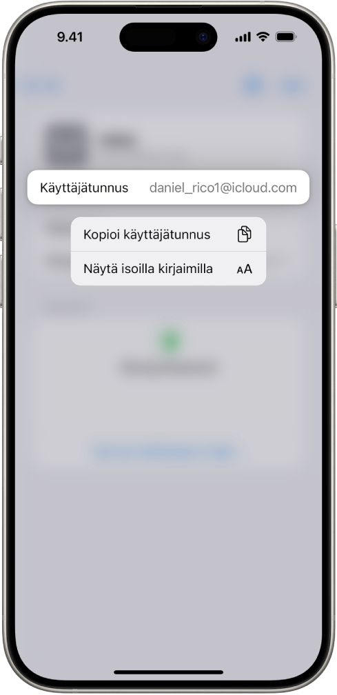 Tilin näyttö, jossa on käyttäjätunnus korostettuna ja vaihtoehdot käyttäjätunnuksen kopioimiseen ja näyttämiseen suurikokoisella tekstillä.