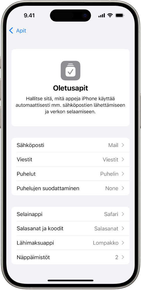 Näyttö, jossa vaihdetaan oletusappeja esimerkiksi sähköpostien lähettämiseen ja verkon selaamiseen.