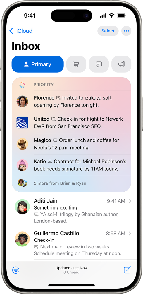 iPhone affichant la section Messages prioritaires en haut de l’écran, avec des e-mails urgents en haut. Deux e-mails résumés apparaissent au bas de l’écran.