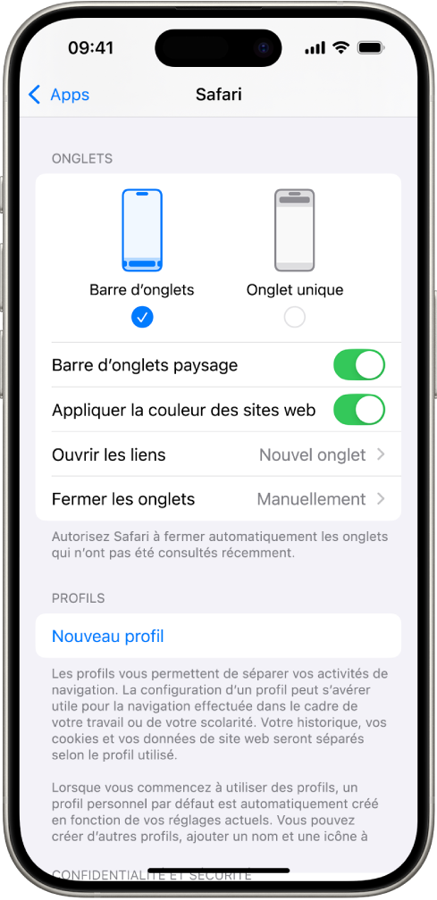 Un écran affichant deux options de disposition dans Safari : Barre d’onglets et Onglet unique.