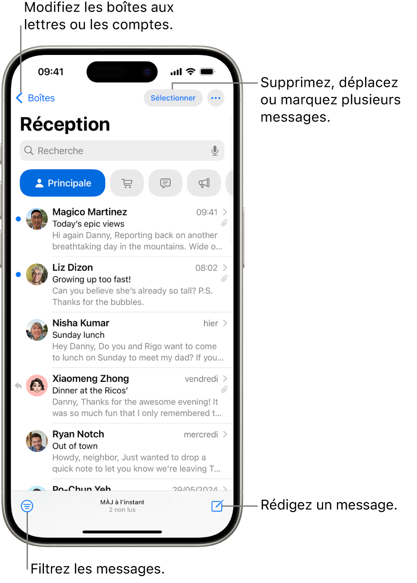 La boîte de réception Mail affichant une liste d’e-mails.
