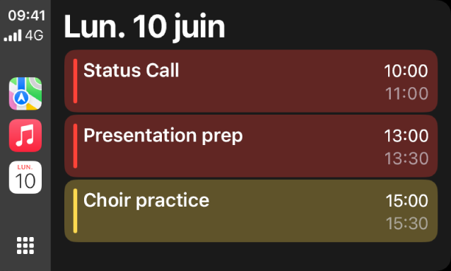 CarPlay affichant Plans, Musique et Calendrier dans la barre latérale. À droite se trouvent les évènements du lundi 5 juin : séance de travail sur le portefeuille, atelier sur les compétences de leadership, préparation de la présentation et répétition de la chorale.