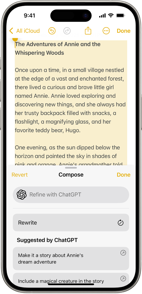iPhone affichant du texte dans l’app Notes. En bas de l’écran se trouve la zone de dialogue Rédiger avec les Outils d’écriture, proposant des options permettant de décrire une modification, reformuler, choisir des suggestions de ChatGPT et plus encore.