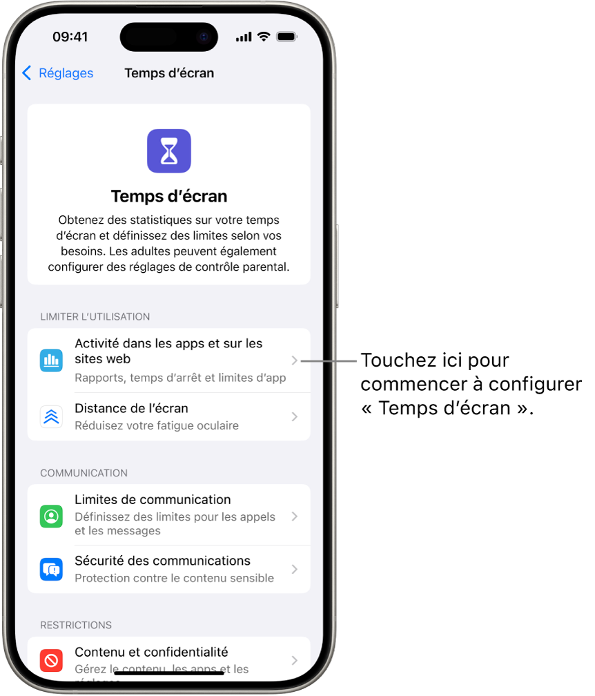 L’écran pour configurer Temps d’écran montrant que vous pouvez toucher Activité dans les apps et sur les sites web pour commencer.
