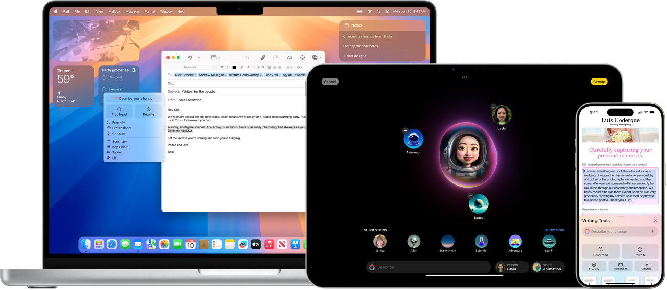 Fonctionnalités Apple Intelligence affichées sur un Mac, un iPad et un iPhone.