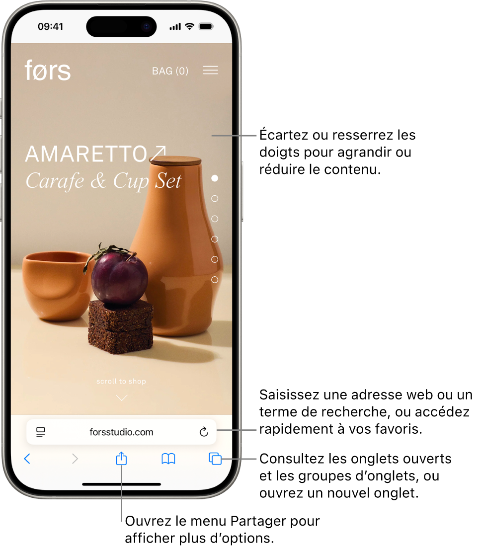 Un site web s’ouvre dans Safari, avec le champ d’adresse en bas. En bas, de gauche à droite, se trouvent les boutons Précédent, Suivant, Partager, Signets et Onglets.