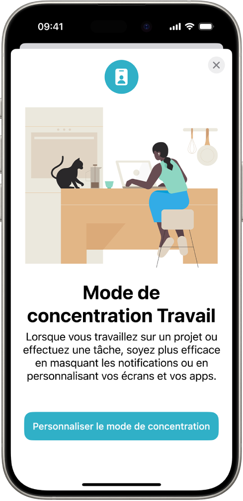 Un écran affichant quatre modes de concentration fournis : « Ne pas déranger », « Temps pour soi », Repos et Travail. Le bouton « Partage entre les appareils » vous permet d’utiliser les mêmes réglages Concentration sur tous vos appareils Apple sur lesquels vous êtes connecté au même compte Apple.