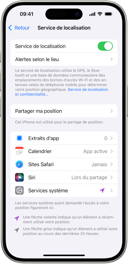L’écran « Services de localisation », avec des réglages permettant de partager la position de votre iPhone avec des apps.