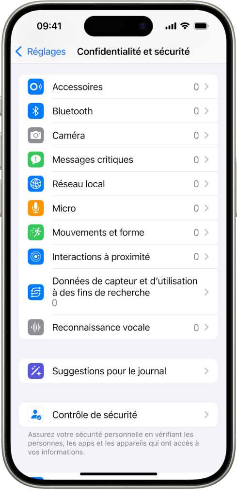 L’écran « Confidentialité et sécurité », avec des réglages permettant de contrôler les apps pouvant utiliser la caméra, le micro et d’autres parties de l’iPhone.