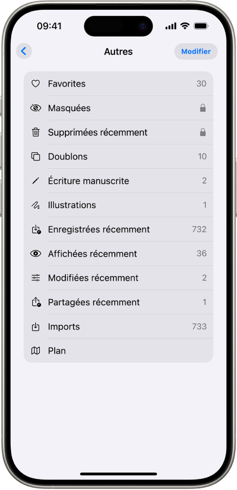 Dans l’app Photos, la collection Autres est ouverte, avec la liste des collections de photos.