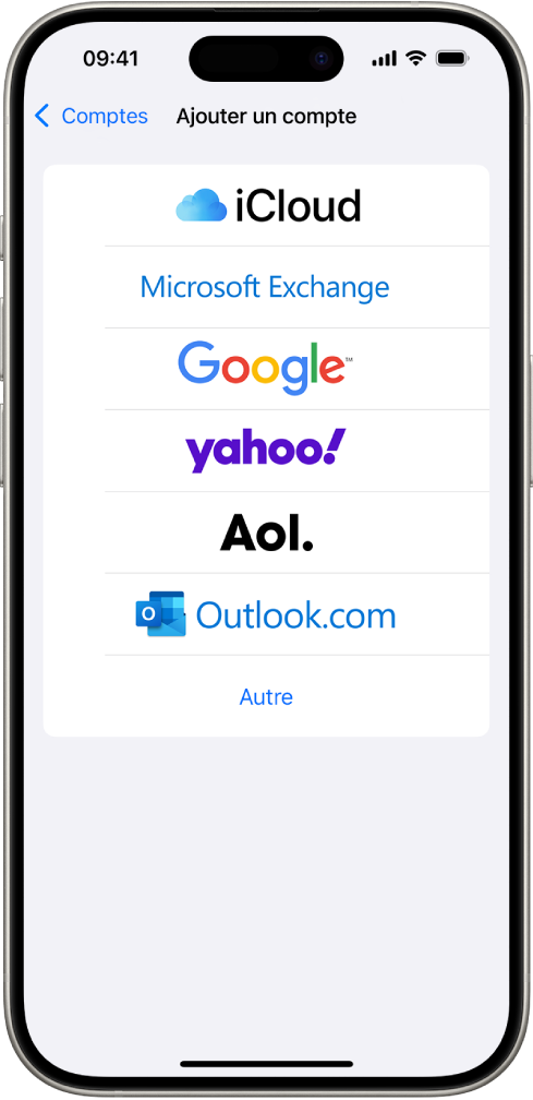 L’écran « Ajouter un compte », avec les options permettant de choisir un compte iCloud, Microsoft Exchange, Google, Yahoo, AOL ou un autre compte.