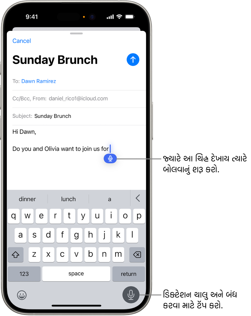 ઑનસ્ક્રીન કીબોર્ડ Mail ઍપમાં ખુલ્લુ છે. સ્ક્રીનની નીચે જમણી બાજુના ખૂણામાં ડિક્ટેશન બટન સિલેક્ટ કરેલું છે અને ટેક્સ્ટ ફીલ્ડમાં ઇંસર્શન પૉઈંટની નીચે ડિક્ટેશન બટન દેખાય છે.