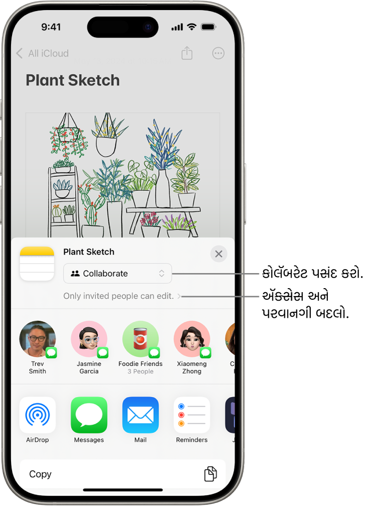 નોટ્સમાં ડ્રૉઇંગના કોલૅબરેશનના આમંત્રણમાં ઍક્સેસ અને પરવાનગી સેટિંગ તરીકે શેર વિકલ્પ માટે “કોલૅબરેટ કરો” અને “ફક્ત તમે આમંત્રિત કરો છો તે લોકો જ સંપાદિત કરી શકે” બતાવવામાં આવે છે. ગ્રૂપ સહિત ચાર સંભવિત પ્રાપ્તકર્તાઓ તેની નીચે હરોળ બનાવે છે. નીચેની હરોળ નોટ શેર કરવાની વિવિધ રીતો આપે છે જેમ કે : AirDrop, મેસેજ, Mail અને Freeform.