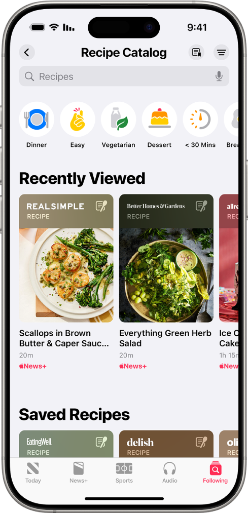 חיפוש מתכונים ב-Apple News+‎.