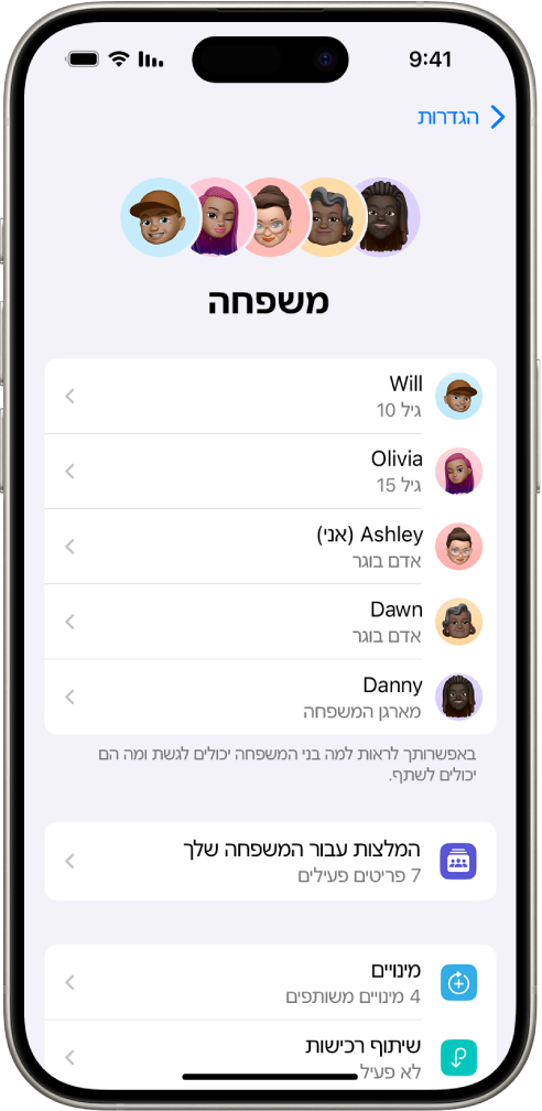 מסך ״שיתוף משפחתי״ ב״הגדרות״. חמישה בני משפחה רשומים. מתחת לשמות שלהם מופיעה ב״רשימה לביצוע של המשפחה״ ומתחת לזה מופיעות האפשרויות ״מינויים״ ו״שיתוף רכישות״.